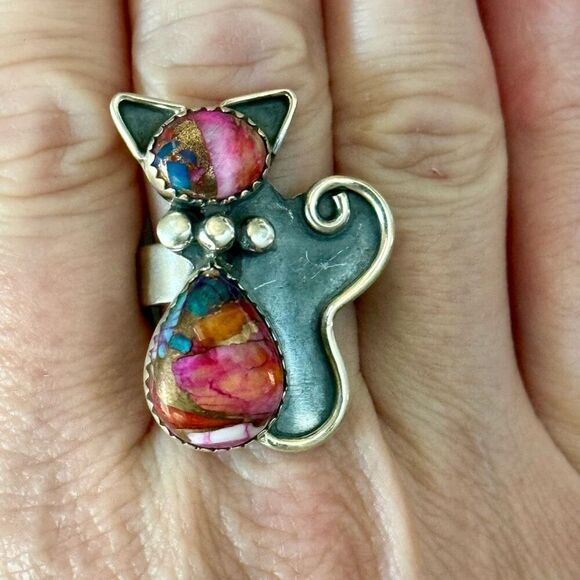Spiny Pink Dahlia Turquoise Cat Adjustable Ring Artisan Handmade Sterling Silver - Picture 6 of 6